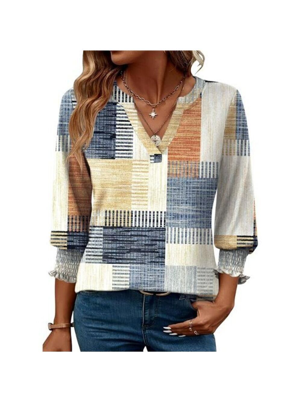 LOMON Womens V Neck Blouse 34 Sleeve Ruffle Top Casual Work Summer Shirt